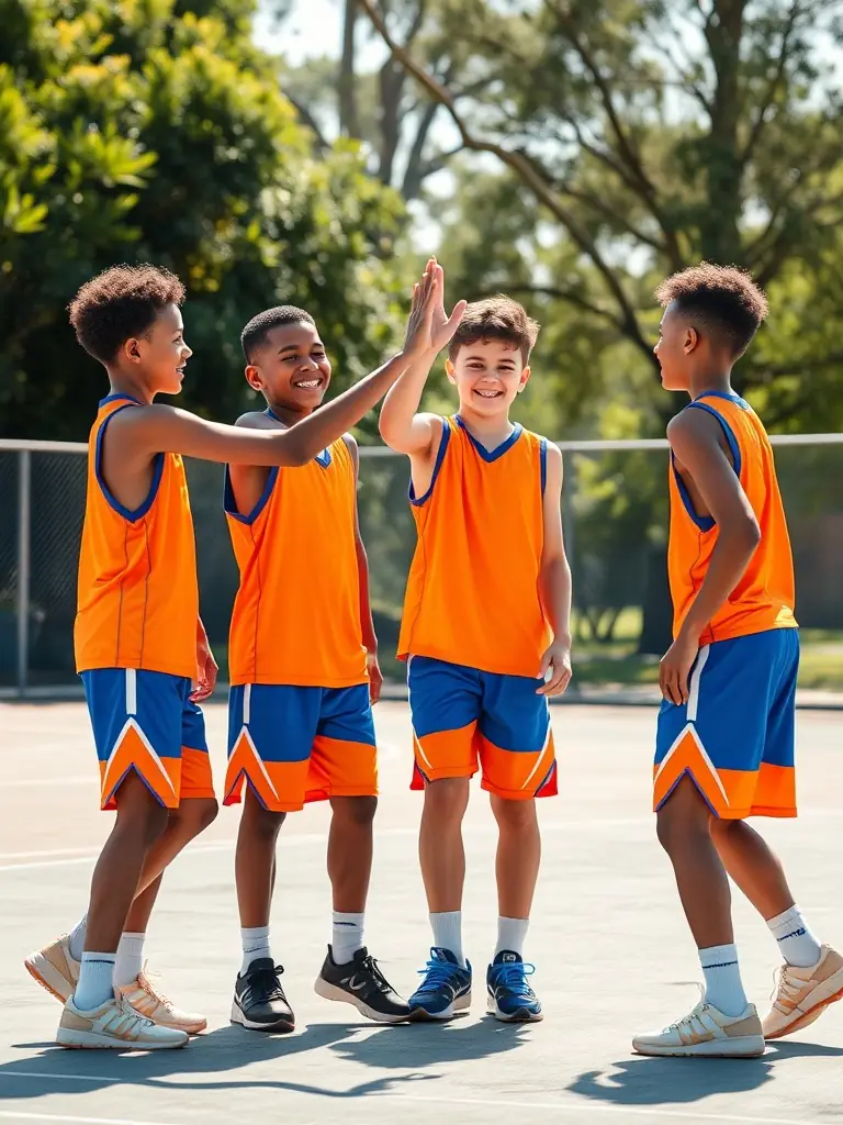 A vibrant image of young basketball players in VALECHEL BASKET BALL uniforms, laughing and high-fiving each other during a break in a game, showcasing the fun and camaraderie.