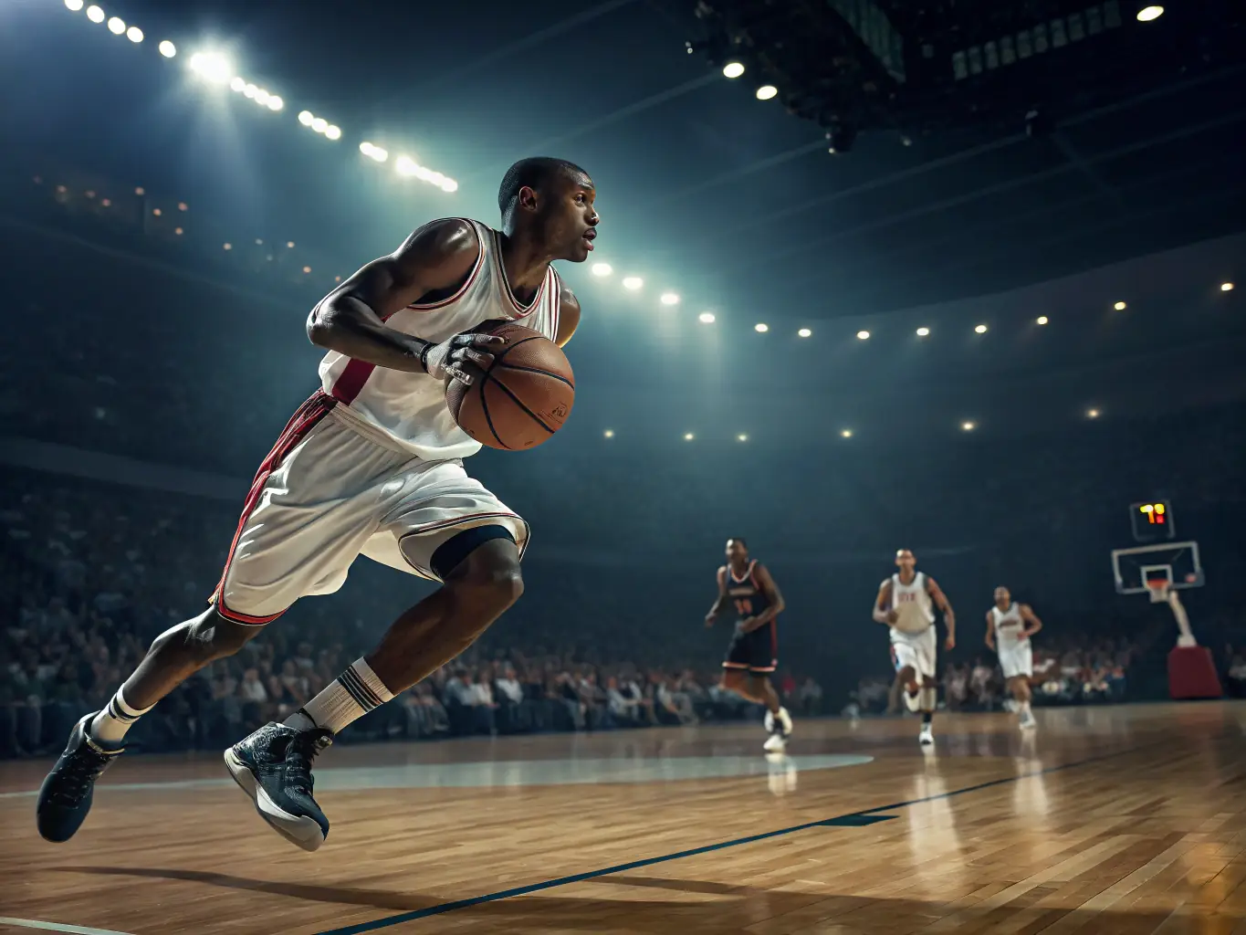 An action shot of a competitive basketball game, showcasing players in VALECHEL BASKET BALL uniforms making a fast break towards the basket. The image captures the intensity and excitement of the game.