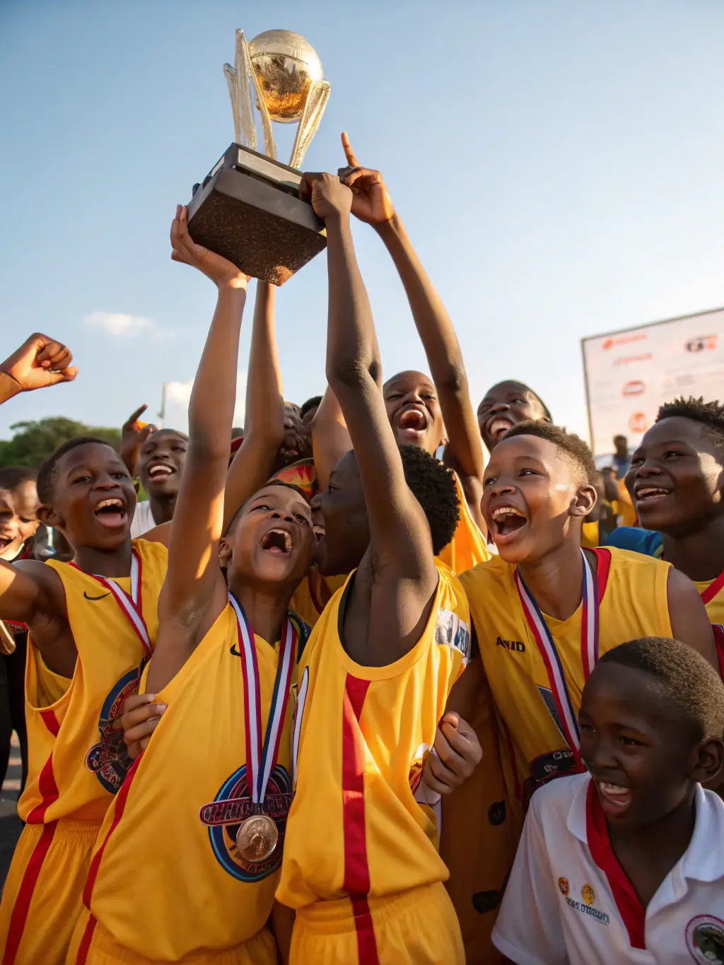 A group of young basketball players in VALECHEL BASKET BALL uniforms celebrating a victory, showcasing teamwork and sportsmanship.