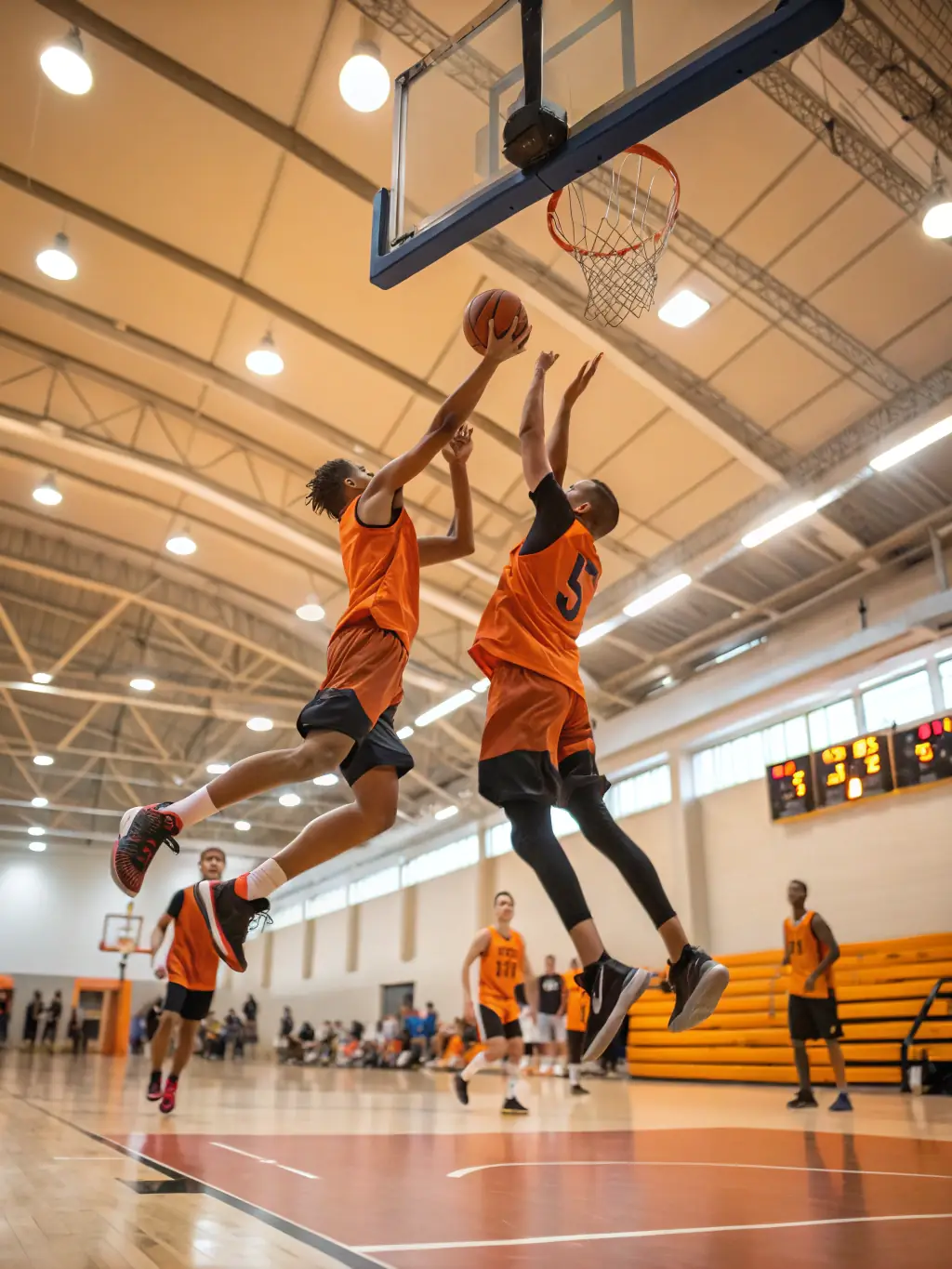 An action-packed image of a VALECHEL BASKET BALL team competing in a local tournament, demonstrating their teamwork and competitive spirit.