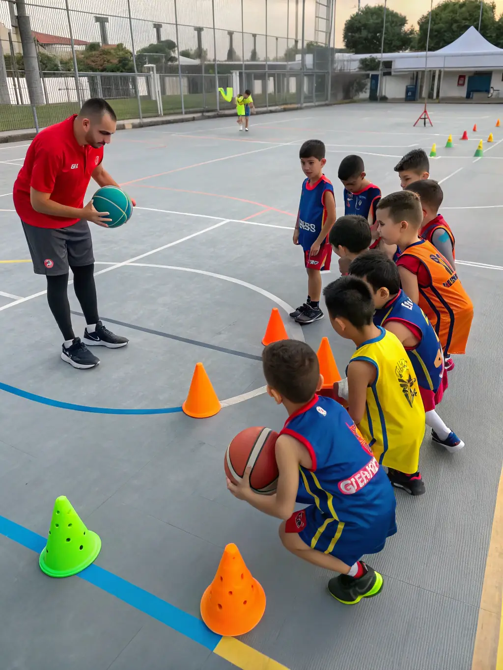 A VALECHEL BASKET BALL coach guiding young players through a drill, emphasizing skill development and personalized attention.