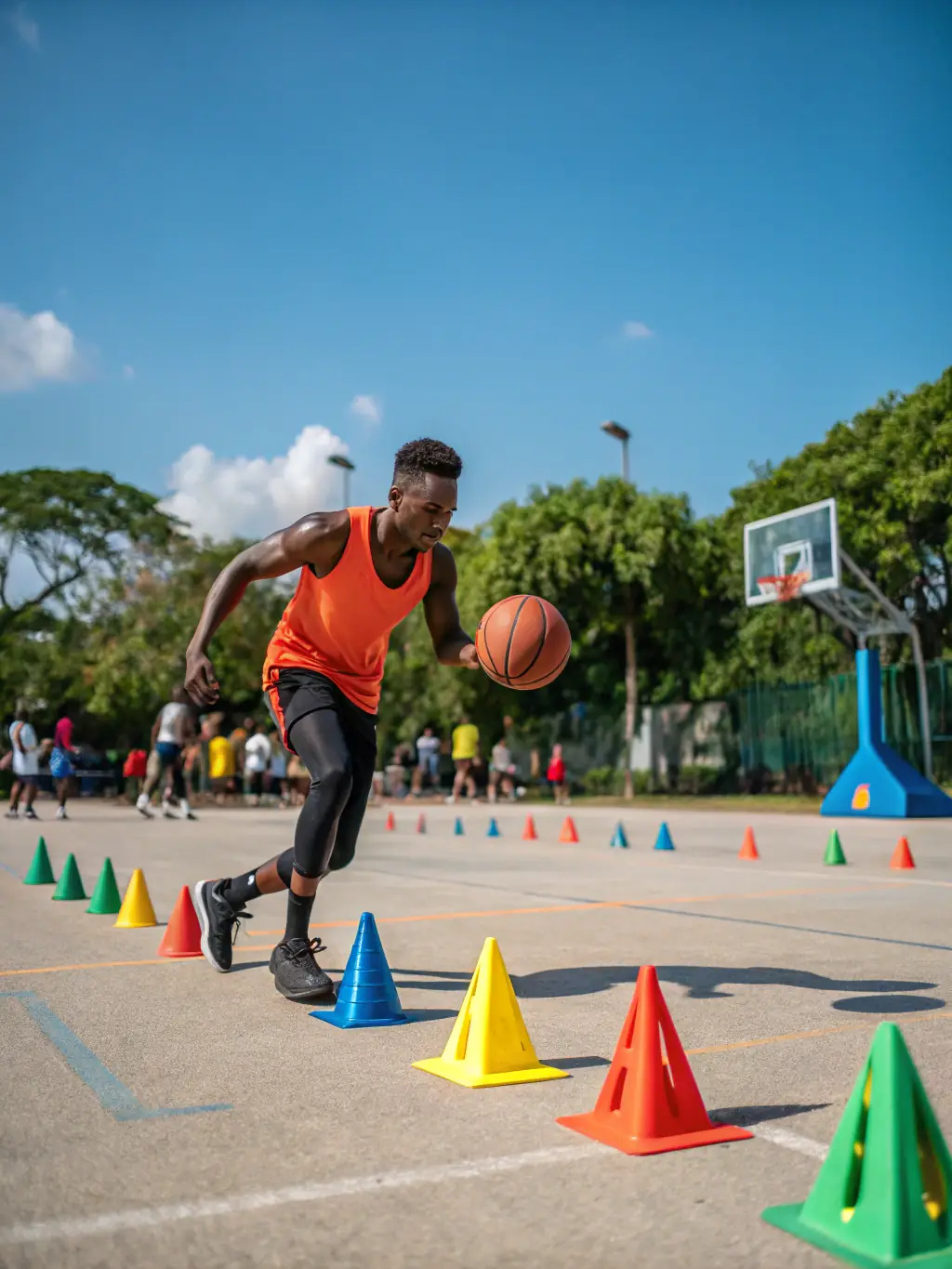 A young player from VALECHEL BASKET BALL dribbling the ball with confidence, demonstrating improved physical fitness and agility.