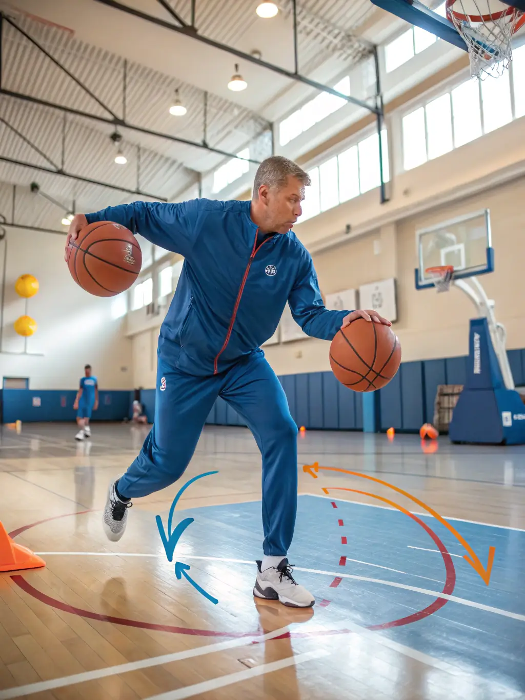 A dynamic shot of a VALECHEL BASKET BALL coach guiding young players through a drill, emphasizing skill development and strategic thinking.