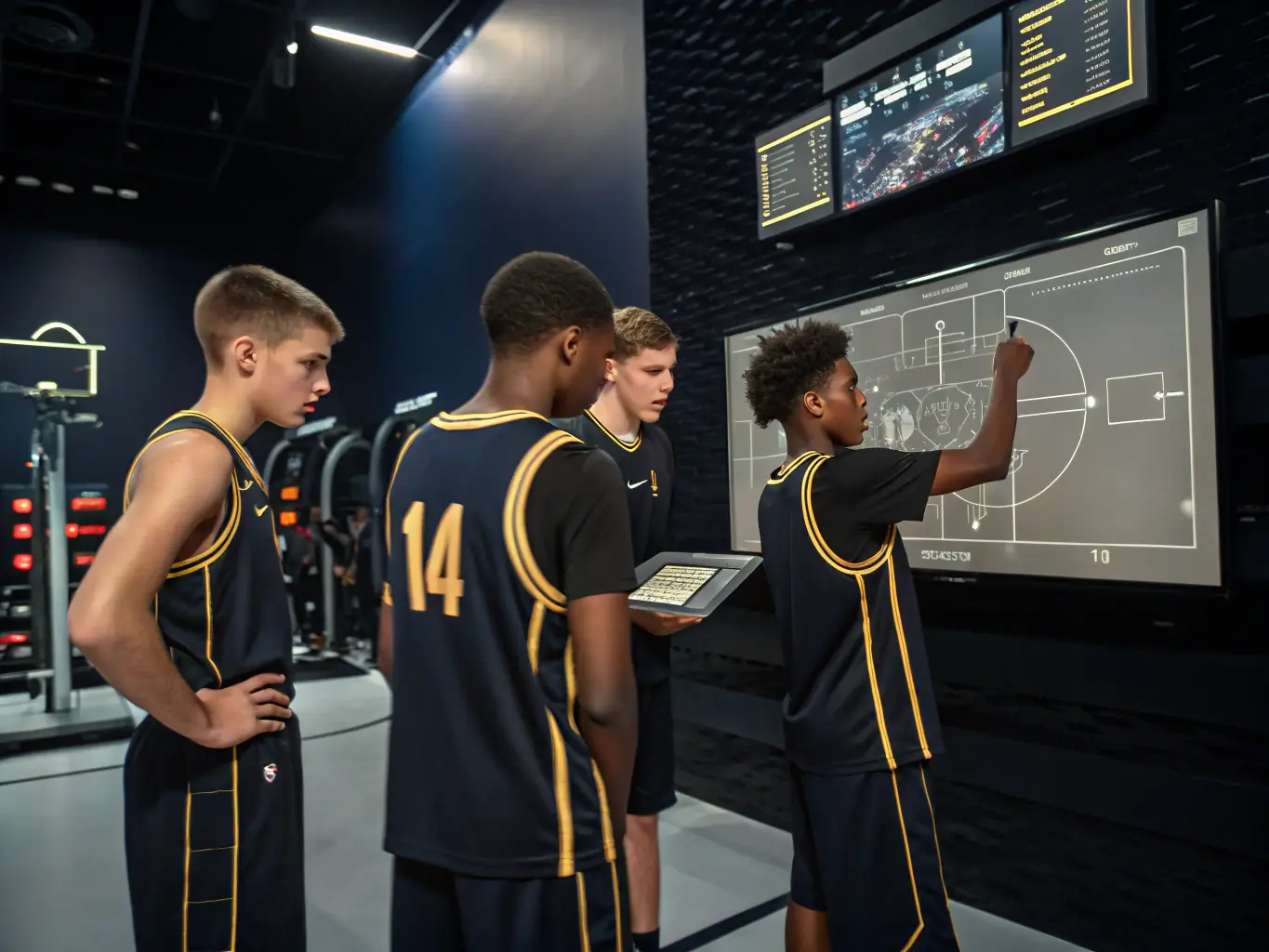 A vibrant image of young basketball players participating in a training session, focusing on dribbling skills, with a coach providing guidance in the background. The setting is an indoor basketball court with VALECHEL BASKET BALL branding visible.