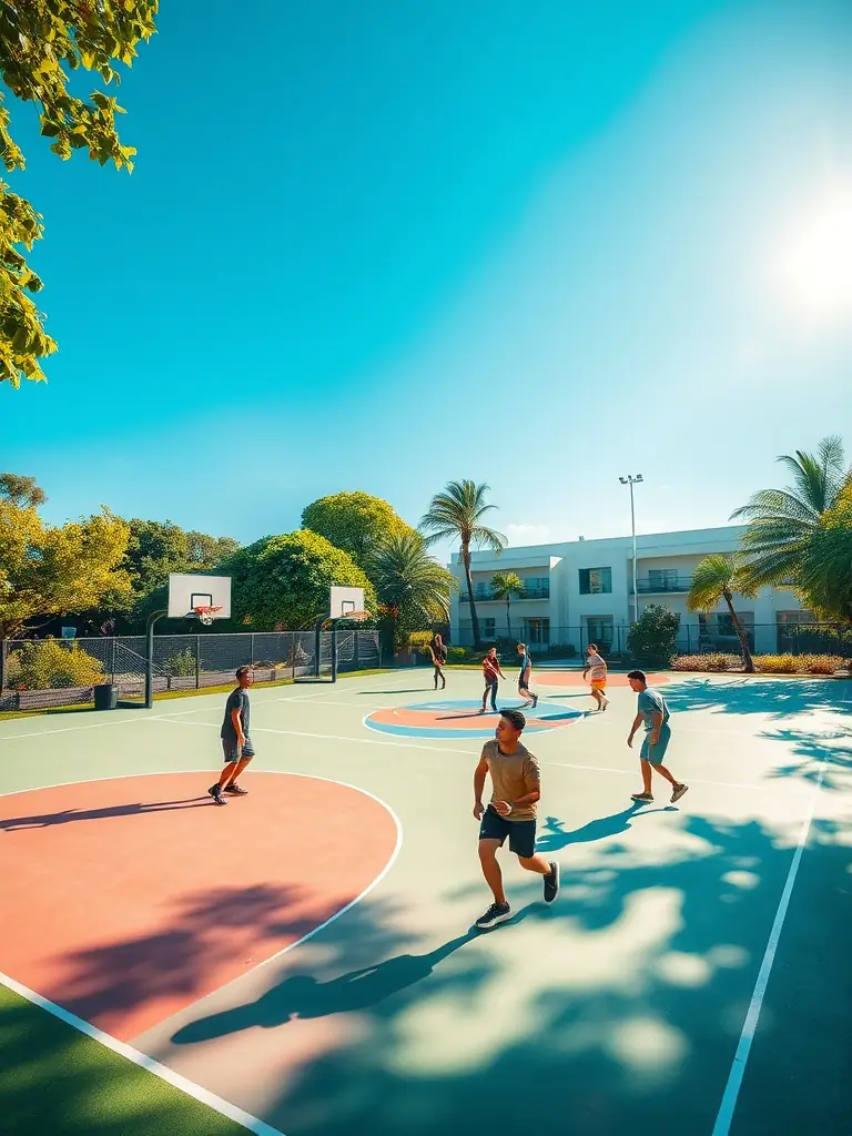 A group of adults enjoying a recreational basketball game organized by VALECHEL BASKET BALL, emphasizing the fun and social aspects of the sport.